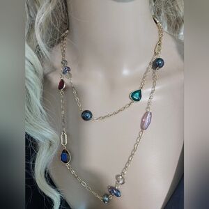 Style & Co Colorful Gemstone Station Necklace Gold Tone Long Boho